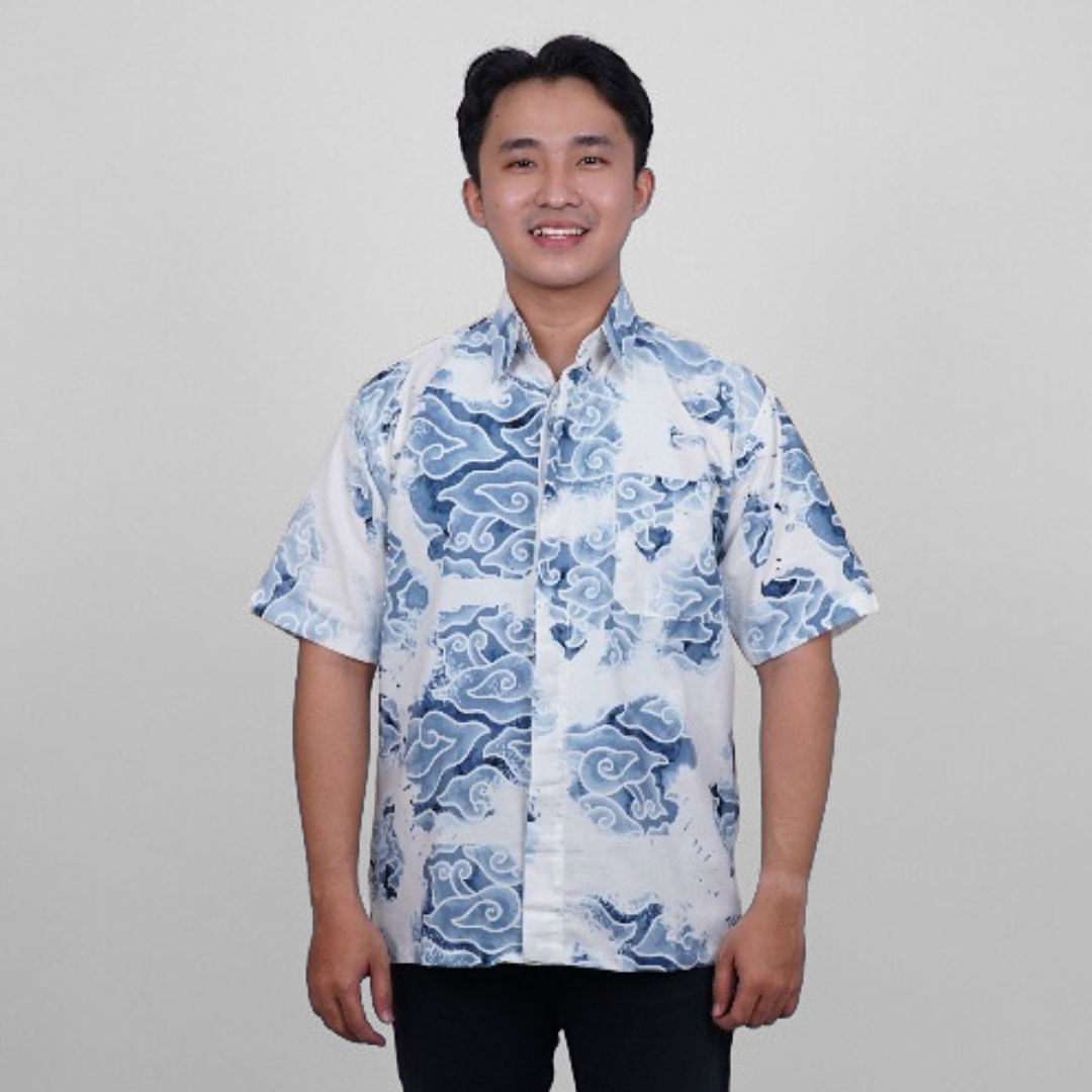 Batik Trusmi Motif Mega Mendung Bumi - Hem Batik Pria DVD Biru