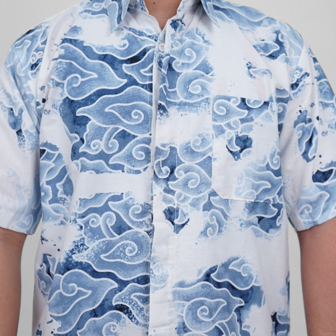 Batik Trusmi Motif Mega Mendung Bumi - Hem Batik Pria DVD Biru - Gambar 2