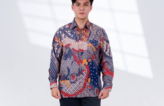 Batik Trusmi Kemeja Motif Kombinasi Sekar Jagad Biru BUL