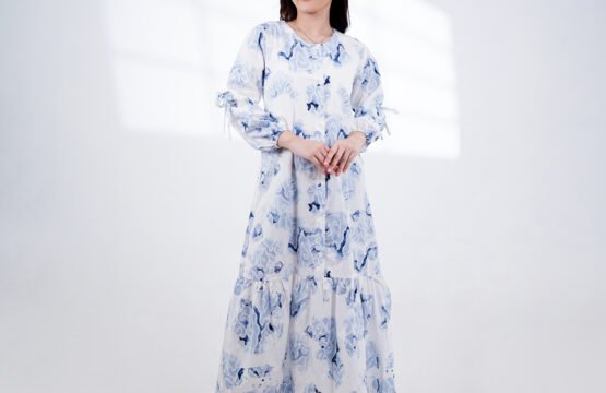 Batik Trusmi Motif Mega Mendung Bumi – Dress Gamis Batik Pita Biru