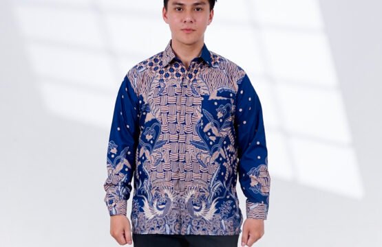 Batik Trusmi Kemeja Motif Kombinasi Gribik Bunga Biru BUL