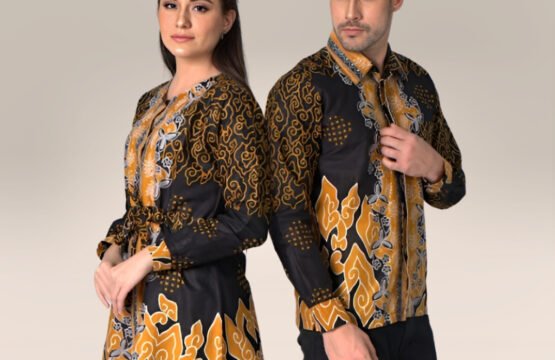 Batik Trusmi Set Couple Batik Tunik Wanita Teku & Kemeja Pria LKK Mega Mendung Kuning