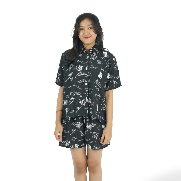 Batik Trusmi Setelan One Set - Motif Topeng Mega Mendung Baju Tidur Kombinasi Enzy - Gambar 2