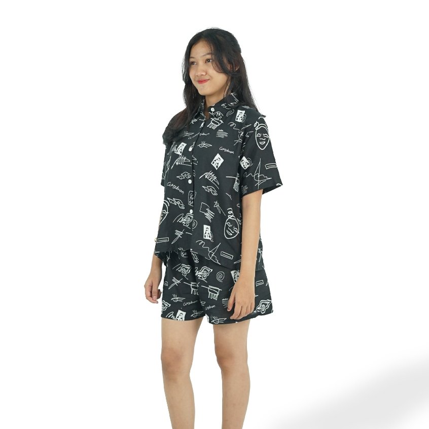 Batik Trusmi Setelan One Set - Motif Topeng Mega Mendung Baju Tidur Kombinasi Enzy - Gambar 3