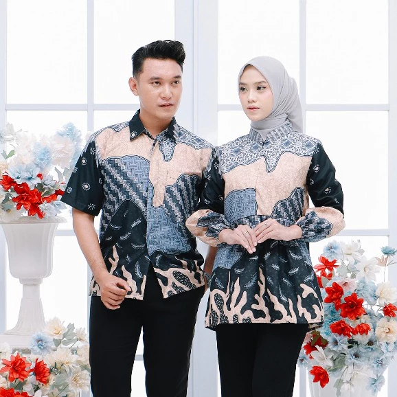 Batik Trusmi Set Couple Blouse & Hem Batik Motif Kombinasi Surai Abu