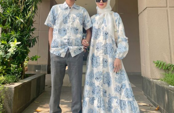 Batik Trusmi Set Couple Lebaran Dress & Kemeja Motif Mega Mendung Bumi Pita Biru