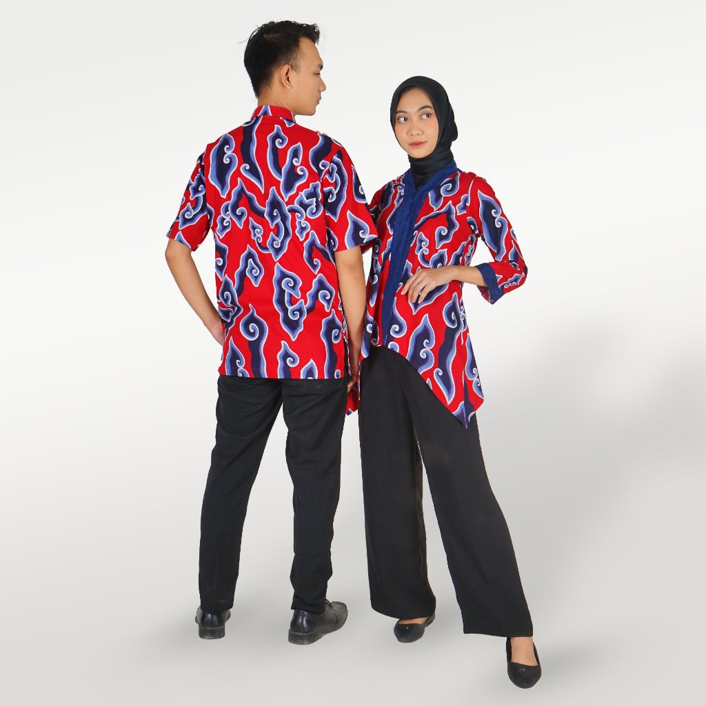Batik Trusmi Set Couple Blouse & Kemeja - Batik Mega Mendung Merah Premium - Gambar 4