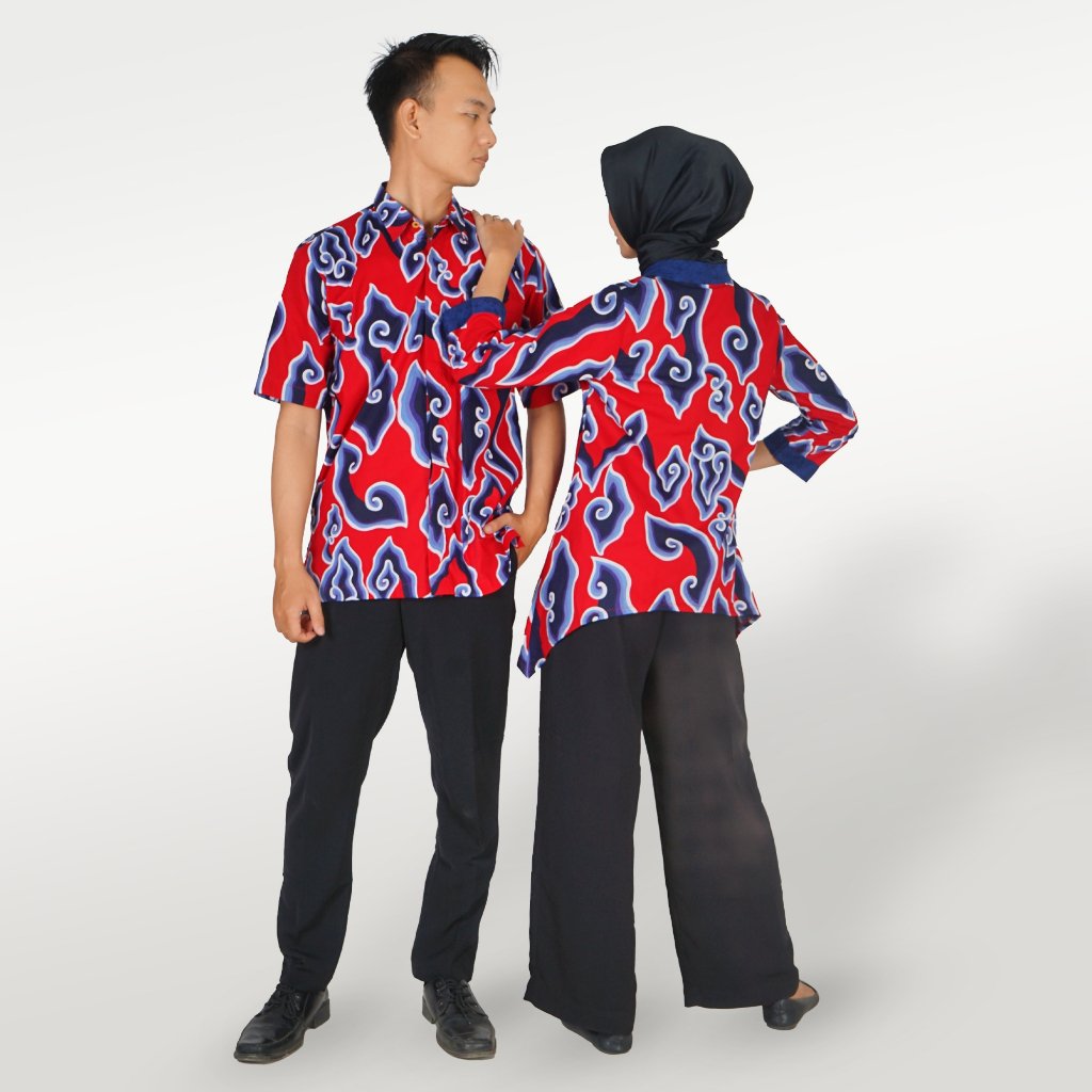 Batik Trusmi Set Couple Blouse & Kemeja - Batik Mega Mendung Merah Premium - Gambar 5