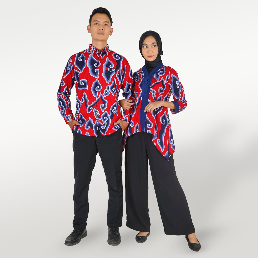 Batik Trusmi Set Couple Blouse & Kemeja - Batik Mega Mendung Merah Premium - Gambar 6