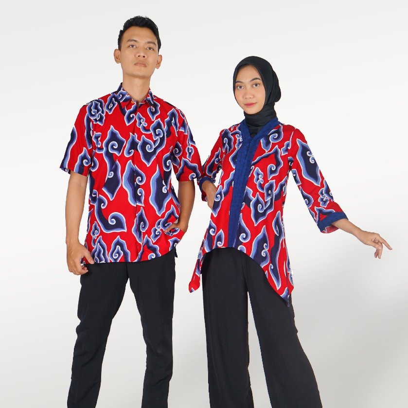 Batik Trusmi Set Couple Blouse & Kemeja - Batik Mega Mendung Merah Premium
