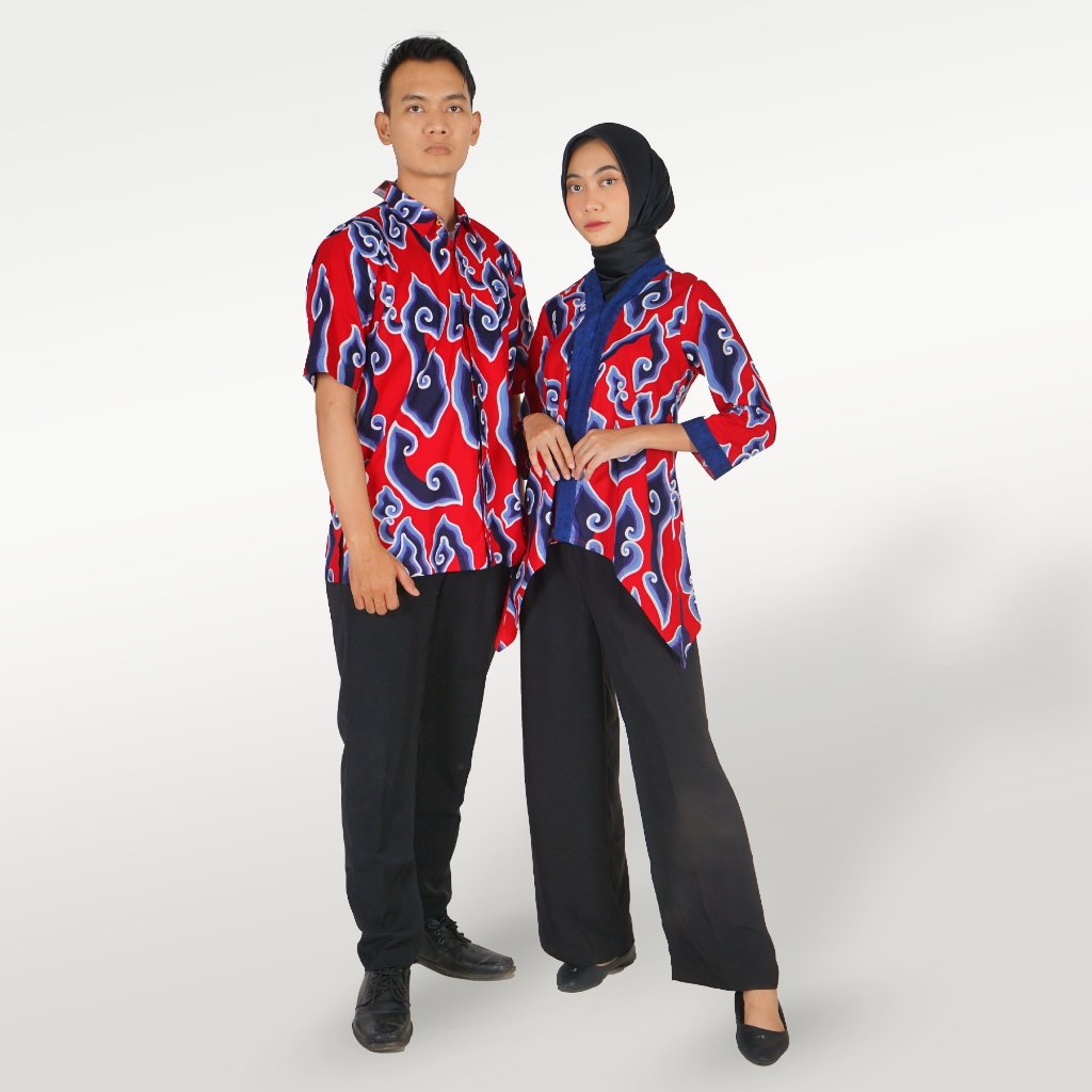 Batik Trusmi Set Couple Blouse & Kemeja - Batik Mega Mendung Merah Premium - Gambar 2