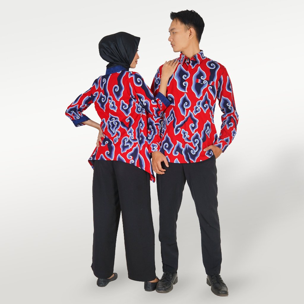 Batik Trusmi Set Couple Blouse & Kemeja - Batik Mega Mendung Merah Premium - Gambar 8