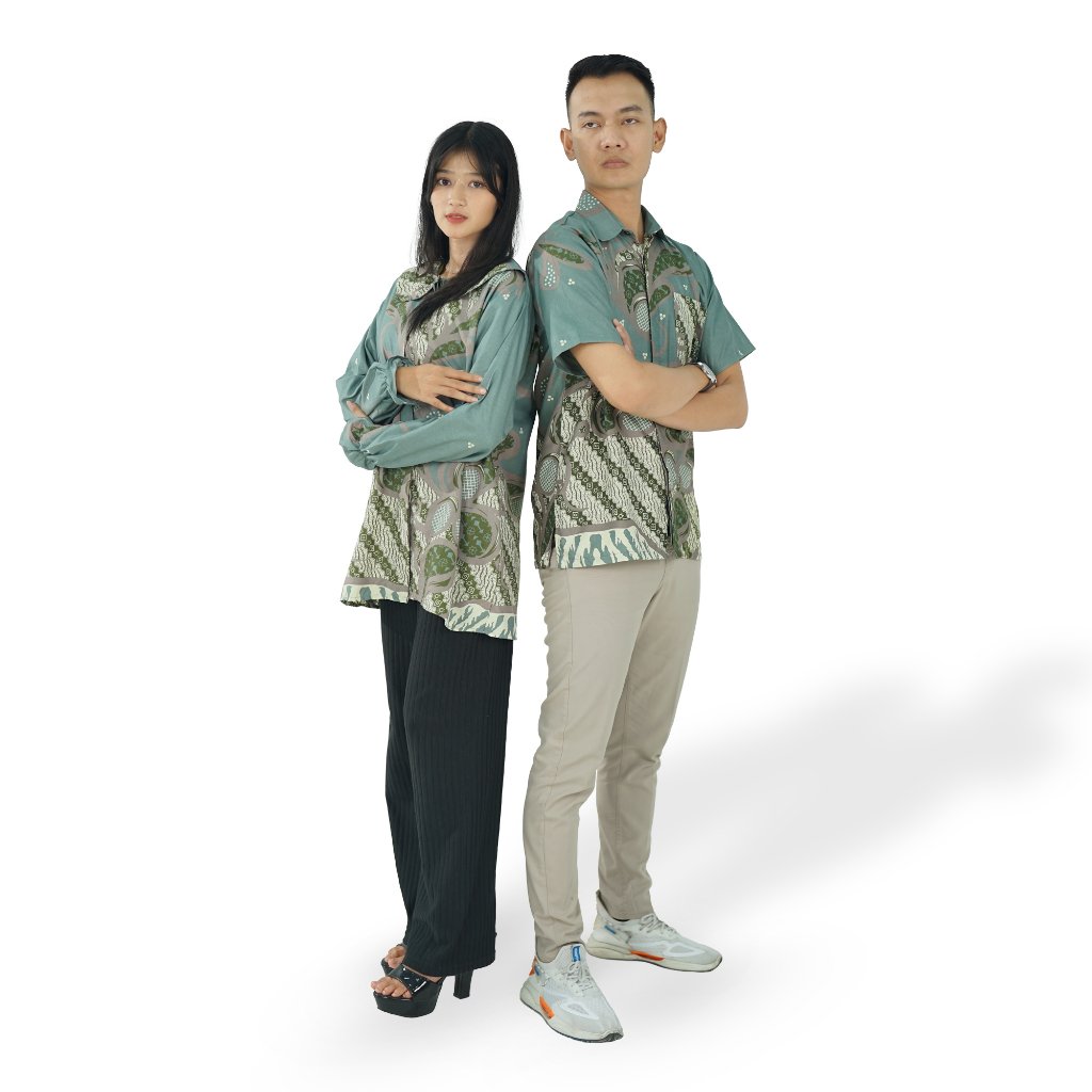 Batik Trusmi Set Couple Blouse Batik & Kemeja Batik Laveya Hijau BUL - Gambar 4