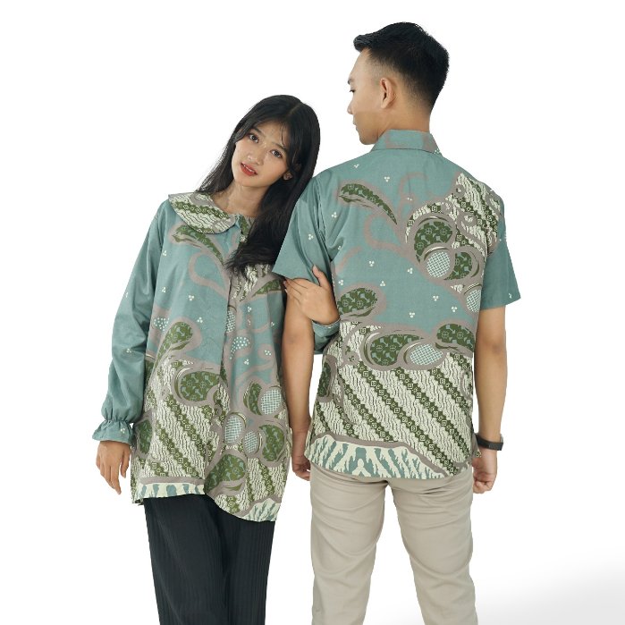 Batik Trusmi Set Couple Blouse Batik & Kemeja Batik Laveya Hijau BUL - Gambar 2