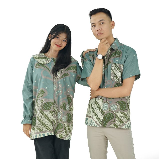 Batik Trusmi Set Couple Blouse Batik & Kemeja Batik Laveya Hijau BUL