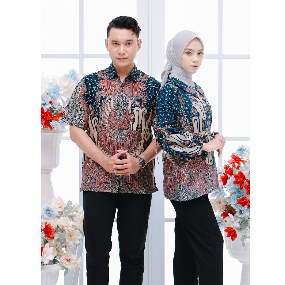 Batik Trusmi Set Couple Blouse Batik & Kemeja Batik Motif Liris Kombinasi Satya - Gambar 3