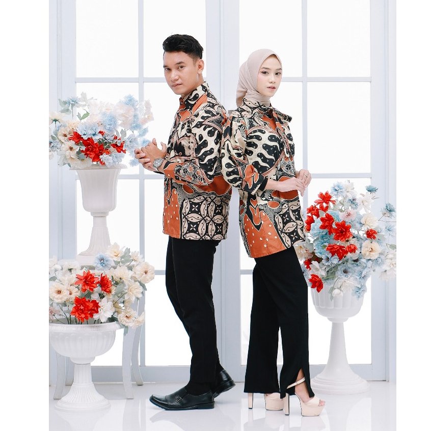 Batik Trusmi Set Couple Blouse & Kemeja Kombinasi Kiandra Orange - Gambar 2