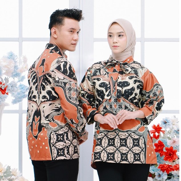 Batik Trusmi Set Couple Blouse & Kemeja Kombinasi Kiandra Orange
