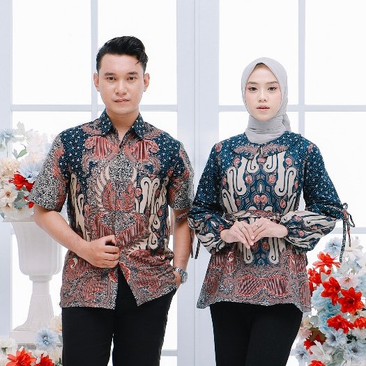 Batik Trusmi Set Couple Blouse Batik & Kemeja Batik Motif Liris Kombinasi Satya