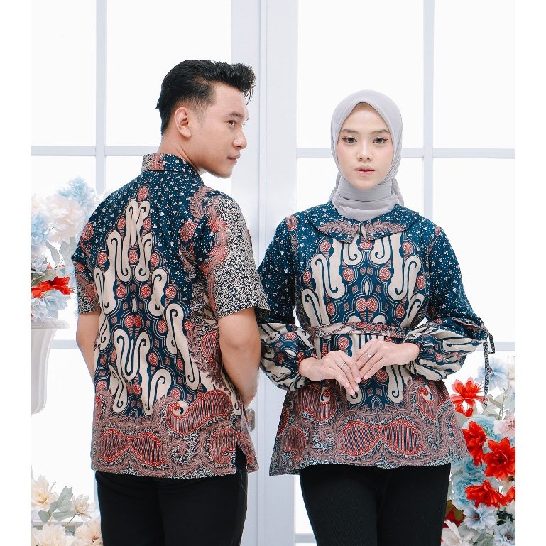 Batik Trusmi Set Couple Blouse Batik & Kemeja Batik Motif Liris Kombinasi Satya - Gambar 2