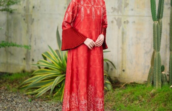 Batik Trusmi Dress Ramadhan Koleksi Garatris Series Kiraya Lebaran Satin Premium Plisket Orange
