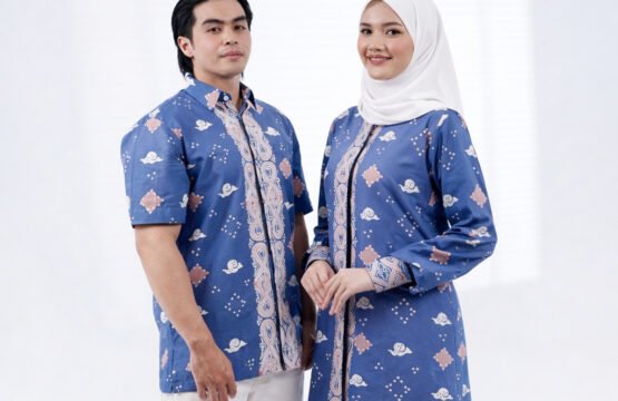 Batik Trusmi Set Couple Tunik Batik dan Hem Batik Motif Casper Biru