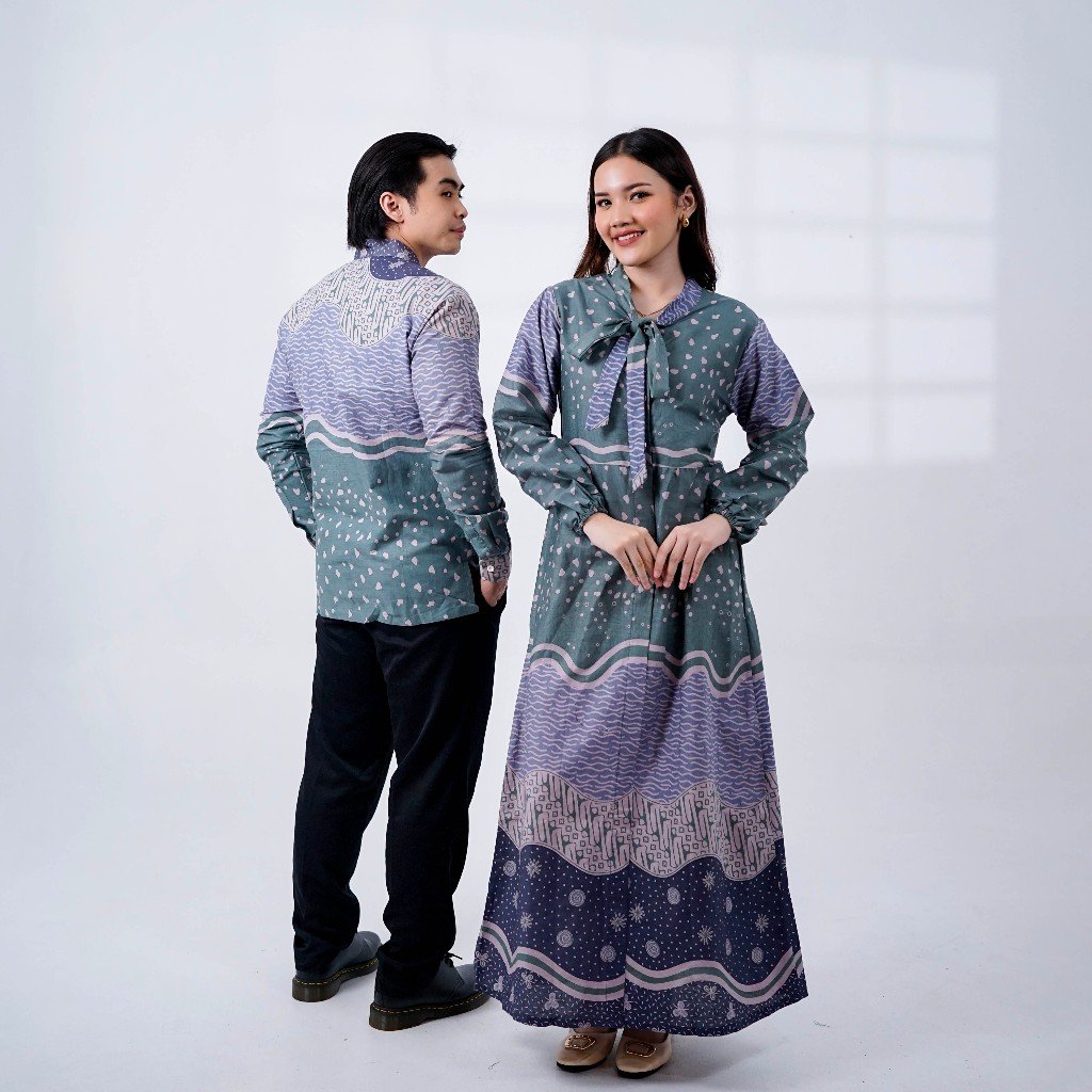 Batik Trusmi Set Couple Gamis Batik dan Kemeja Batik Motif SWD Hijau MOP - Gambar 4