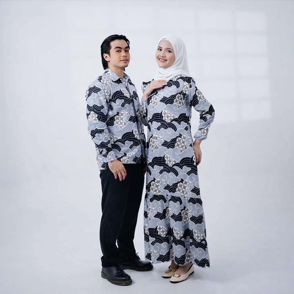 Batik Trusmi Set Couple Dress Batik dan Kemeja Batik Motif Kawung Abu