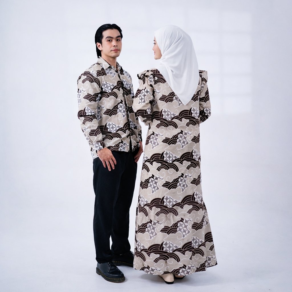 Batik Trusmi Set Couple Pasangan Dress Batik dan Kemeja Batik Motif Kawung Coklat - Gambar 7