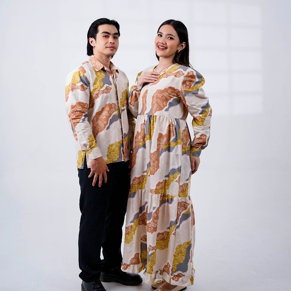 Batik Trusmi Set Couple Gamis Batik dan Kemeja Batik Motif RNDM Salem