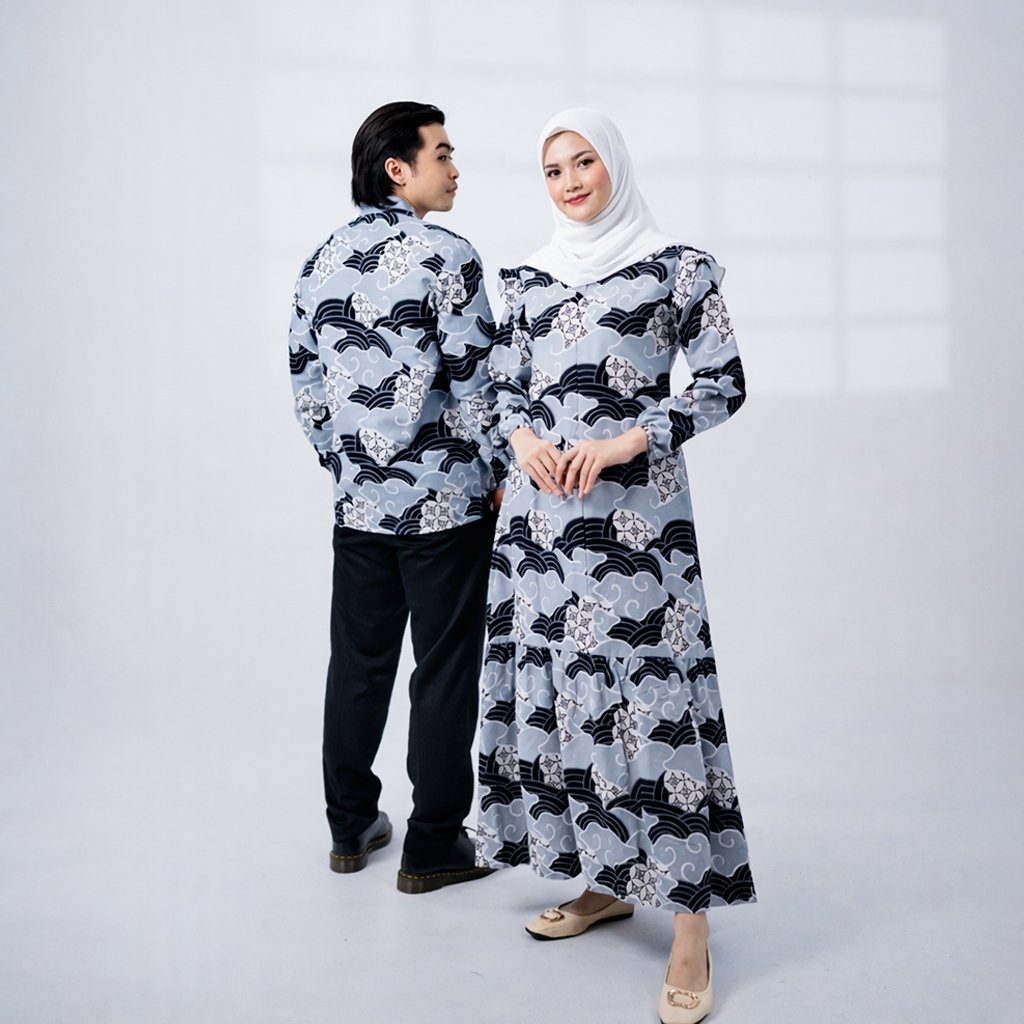 Batik Trusmi Set Couple Dress Batik dan Kemeja Batik Motif Kawung Abu - Gambar 2