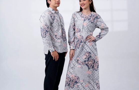 Batik Trusmi Set Couple Dress dan Kemeja Motif Pastel BNA Elegan