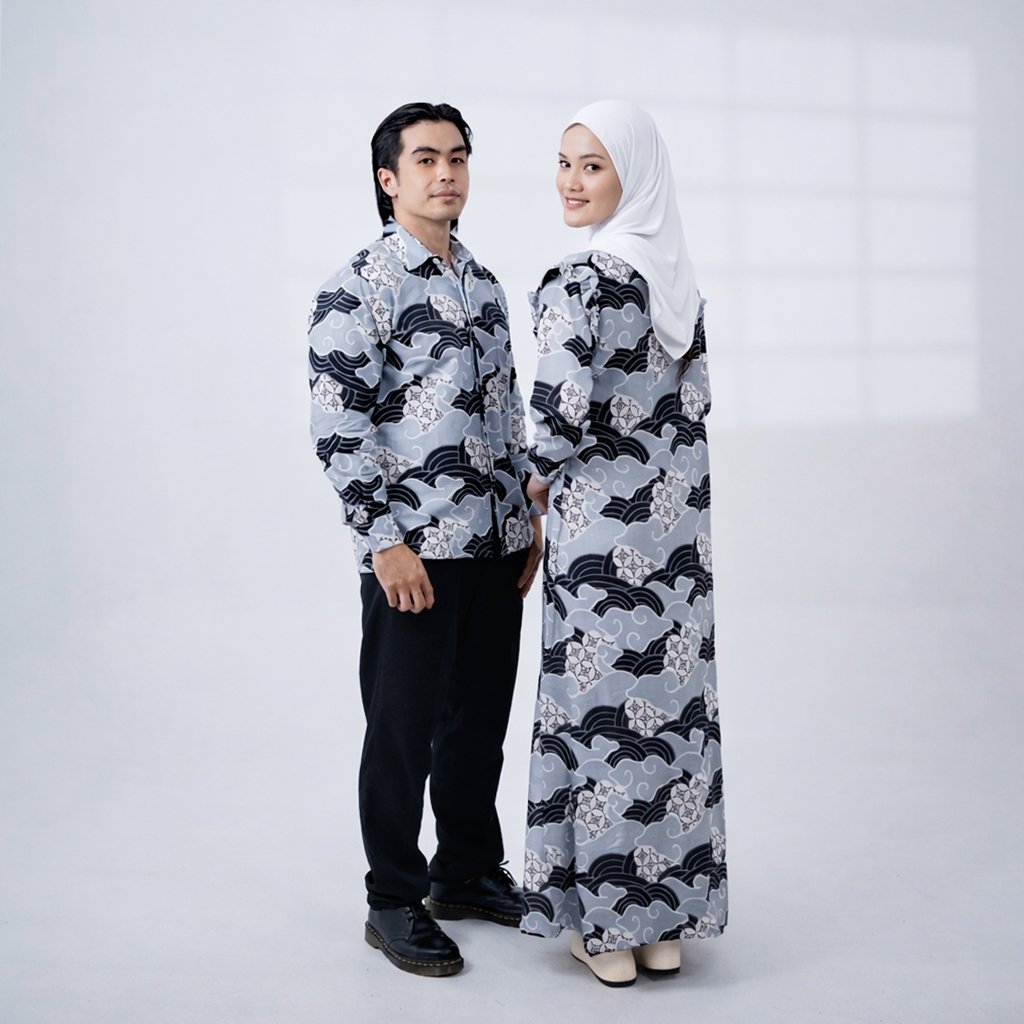 Batik Trusmi Set Couple Dress Batik dan Kemeja Batik Motif Kawung Abu - Gambar 3