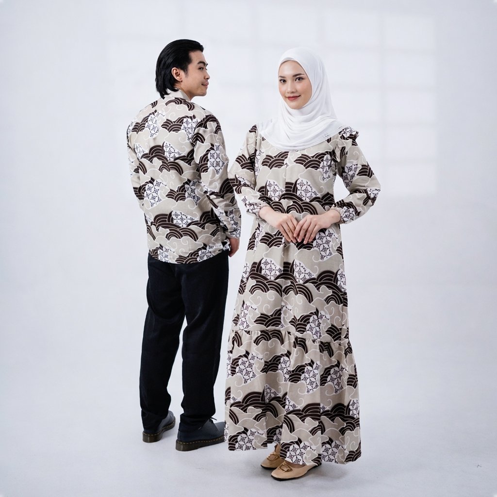 Batik Trusmi Set Couple Pasangan Dress Batik dan Kemeja Batik Motif Kawung Coklat - Gambar 6