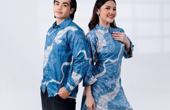 Batik Trusmi Set Couple Tunik Batik & Kemeja Batik Motif Daun Biru
