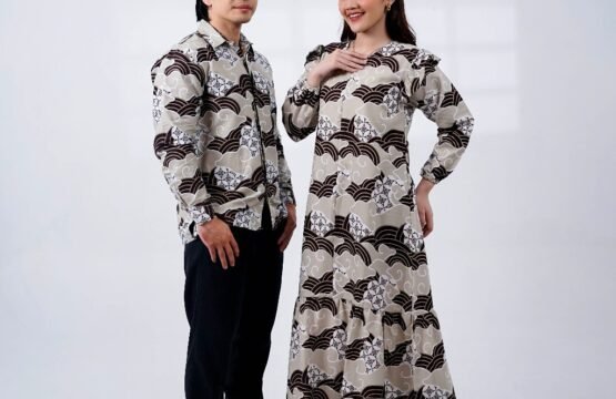 Batik Trusmi Set Couple Pasangan Dress Batik dan Kemeja Batik Motif Kawung Coklat