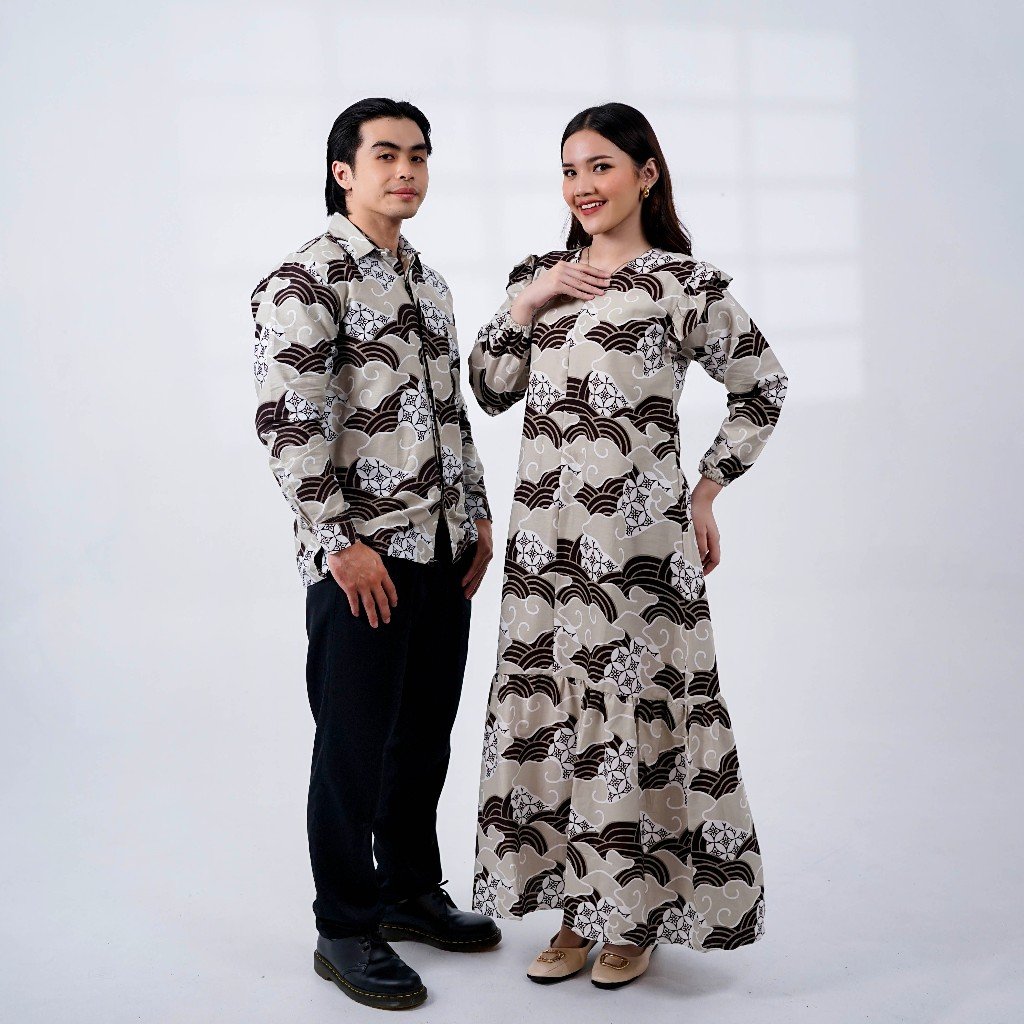 Batik Trusmi Set Couple Pasangan Dress Batik dan Kemeja Batik Motif Kawung Coklat