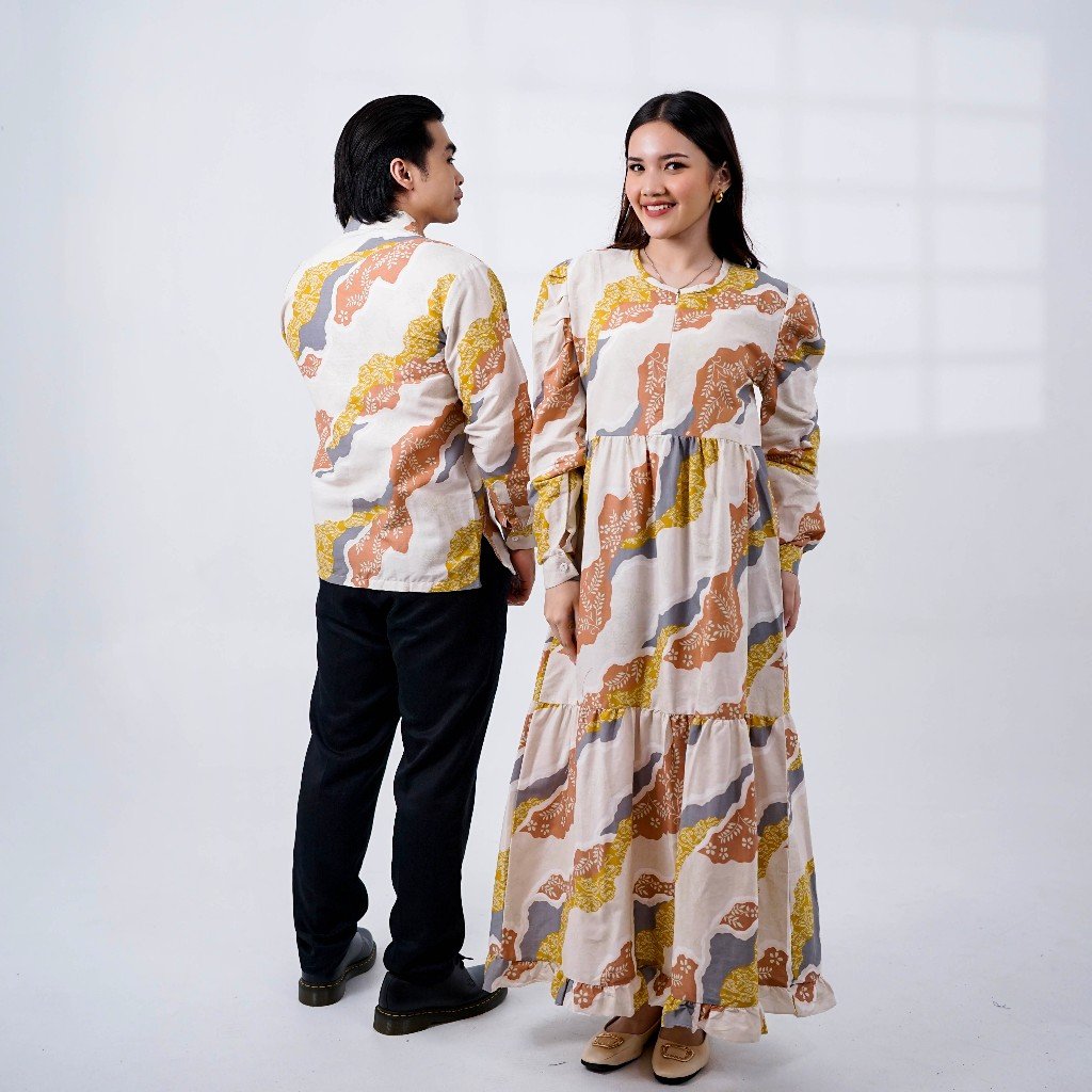 Batik Trusmi Set Couple Gamis Batik dan Kemeja Batik Motif RNDM Salem - Gambar 4