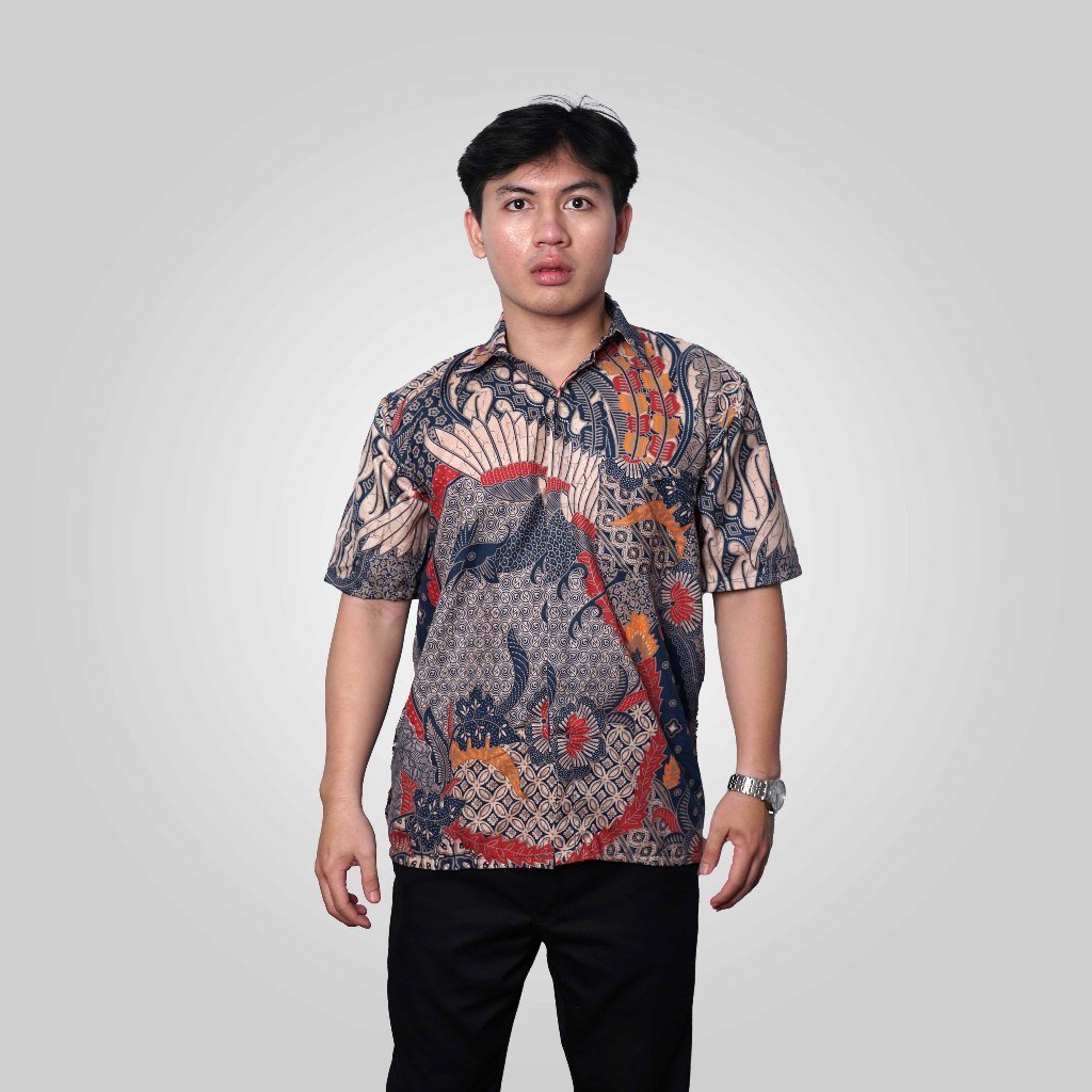 Batik Trusmi Hem Motif Sekar Jagad Biru Kombinasi BUL