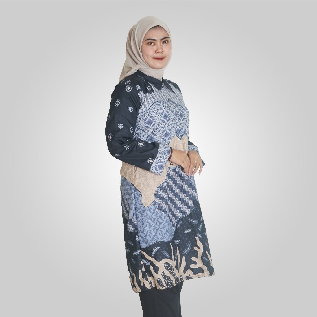 Batik Trusmi Atasan Wanita Tunik Surai Biru BL - Gambar 2