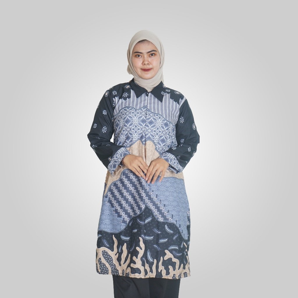Batik Trusmi Atasan Wanita Tunik Surai Biru BL - Gambar 5